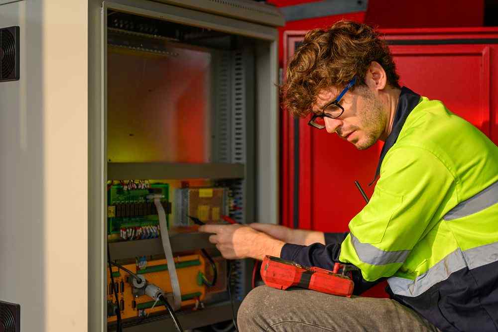 Bir elektrik panosunu kontrol eden teknisyen