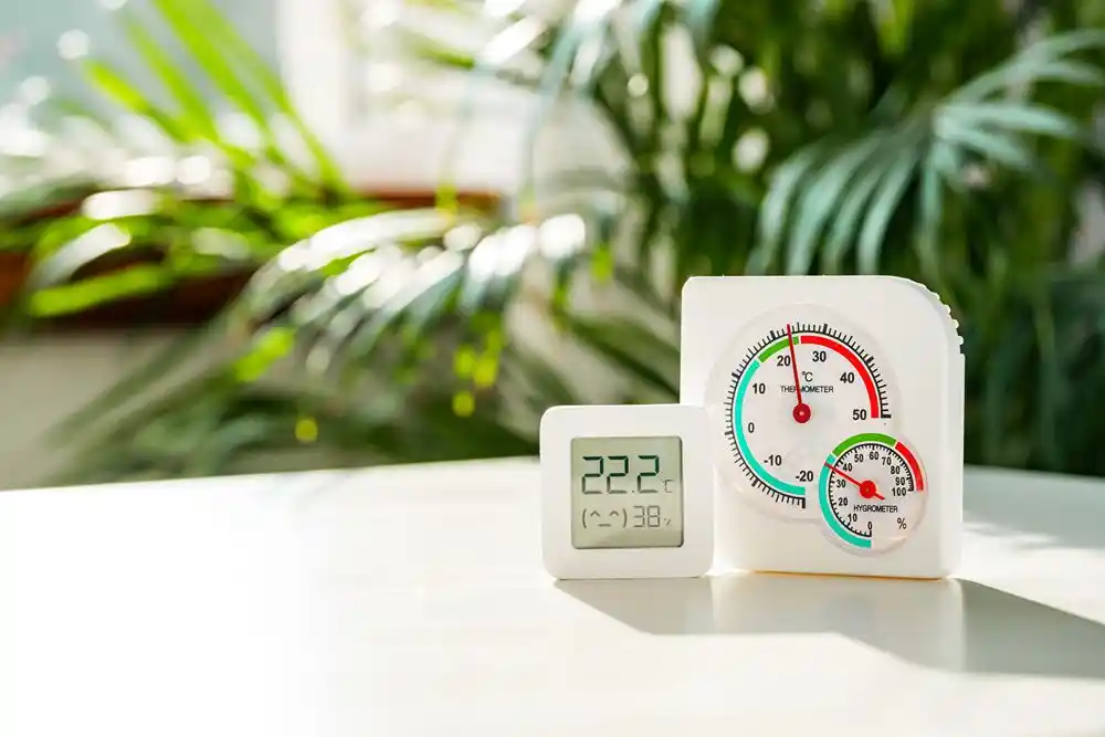 Masa üzerindeki termometre 22,2 °C sıcaklık ve nem gösteriyor