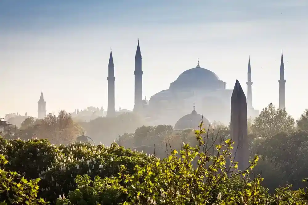 Sisli bir sabah İstanbul’daki Sultanahmet Camii; kubbe ve minareleri ağaçların ardından görülüyor