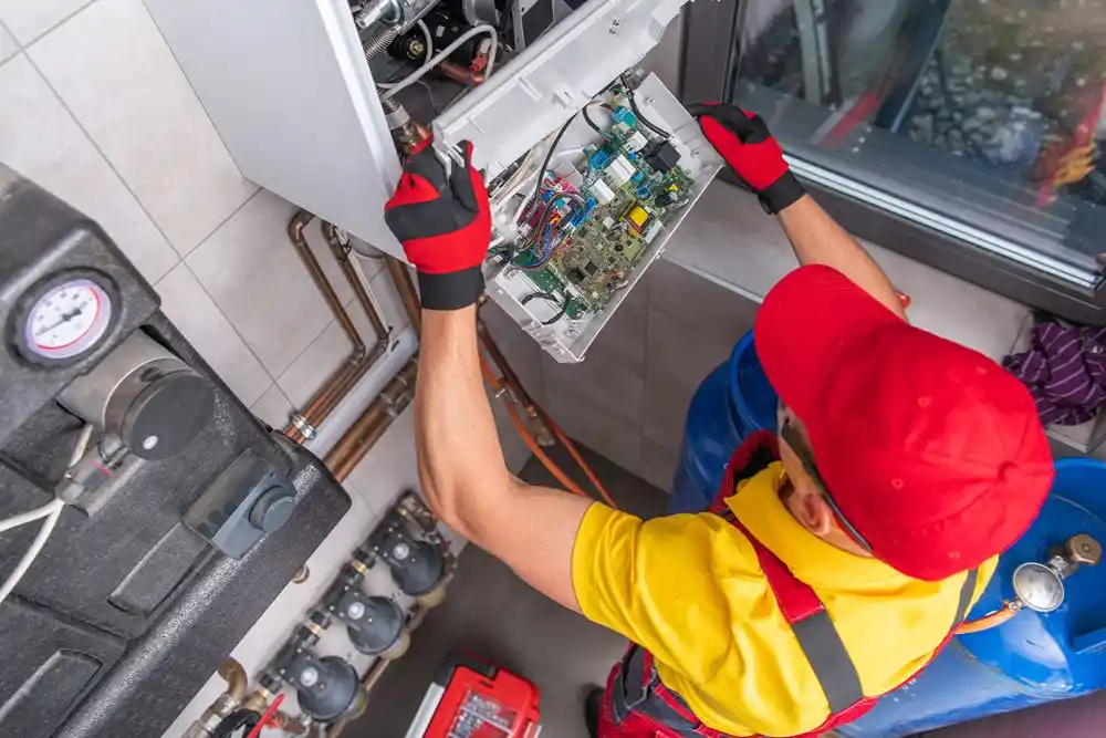 Bir teknisyen, açık durumdaki bir ısıtma cihazının elektrik kontrol panelini inceliyor