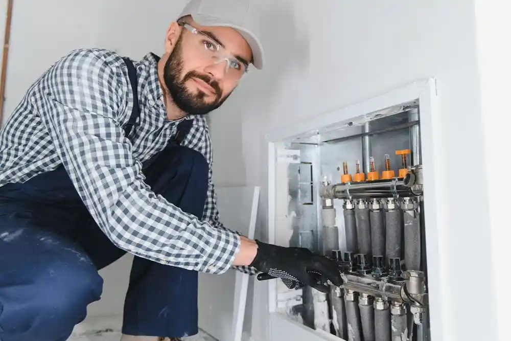 Bir tesisatçı, ısıtma sisteminin boru ve vanalarını kontrol ediyor