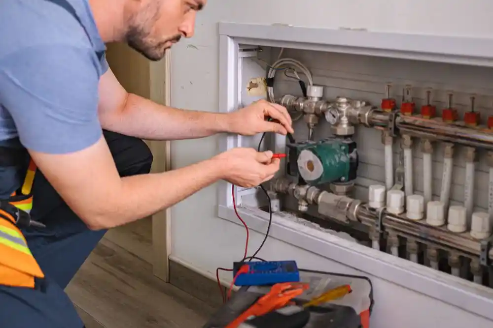 Teknisyen, bir ısıtma sistemindeki pompayı elektrik test cihazıyla kontrol ediyor