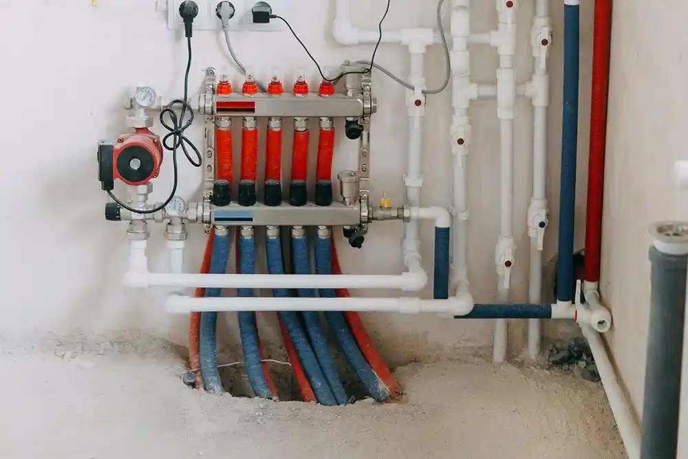 Kırmızı ve mavi borulara bağlı, kırmızı göstergeli bir yerden ısıtma dağıtım sistemi