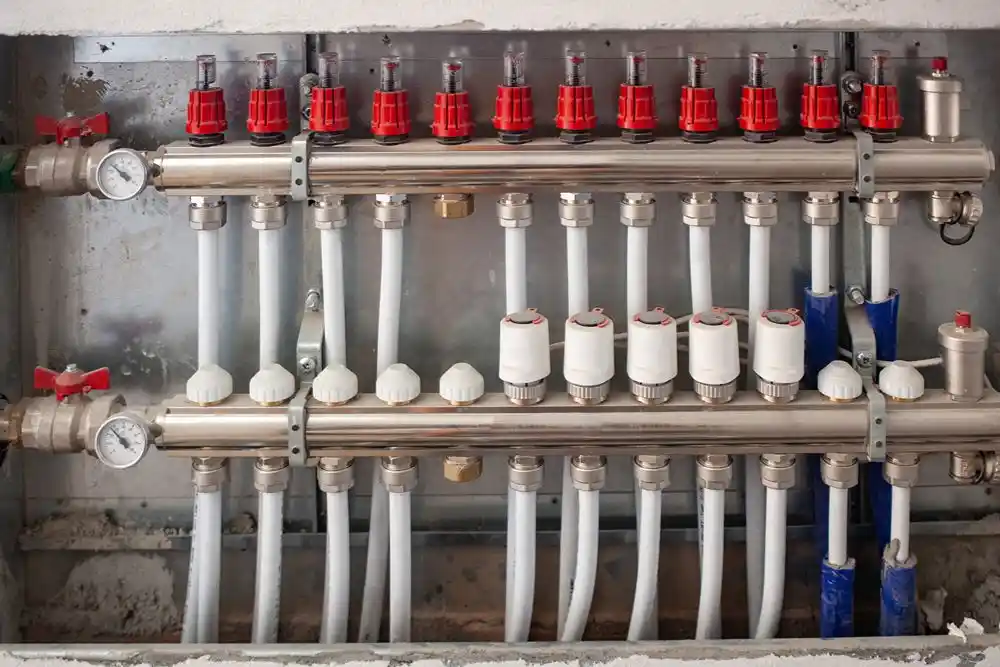 Yerden ısıtma sistemine ait, debimetre ve vanalarla donatılmış iki sıralı boru kolektörü