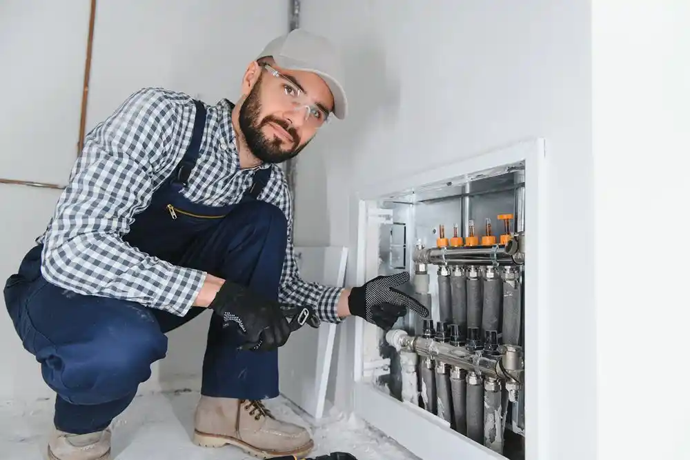 Bir tesisatçı, duvar içindeki ısıtma sistemi bağlantılarını inceliyor