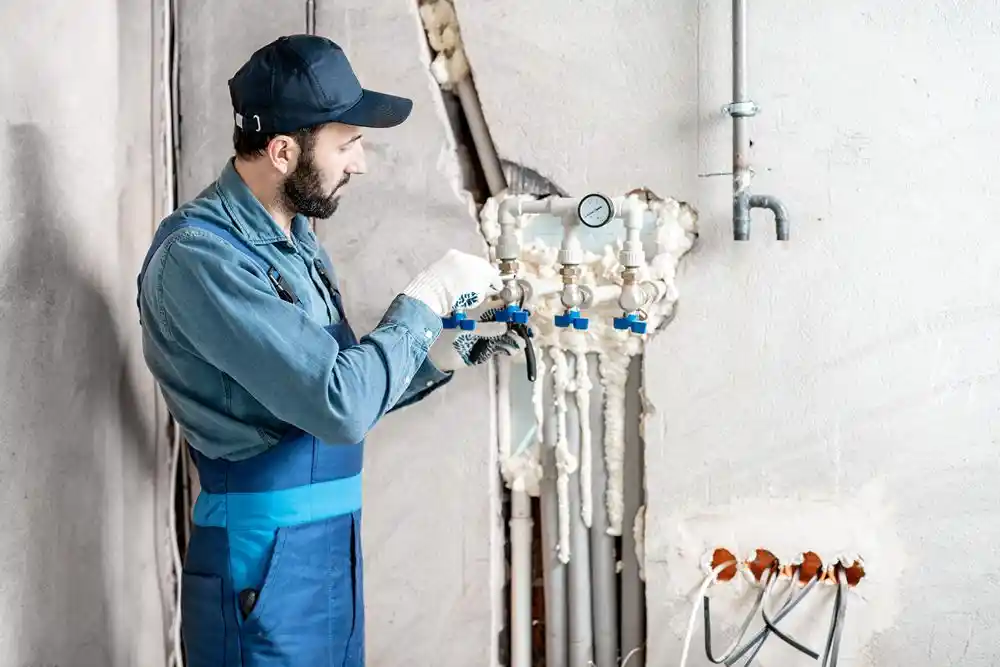 Bir tesisatçı, duvardaki su borularını ve vanaları kontrol ediyor