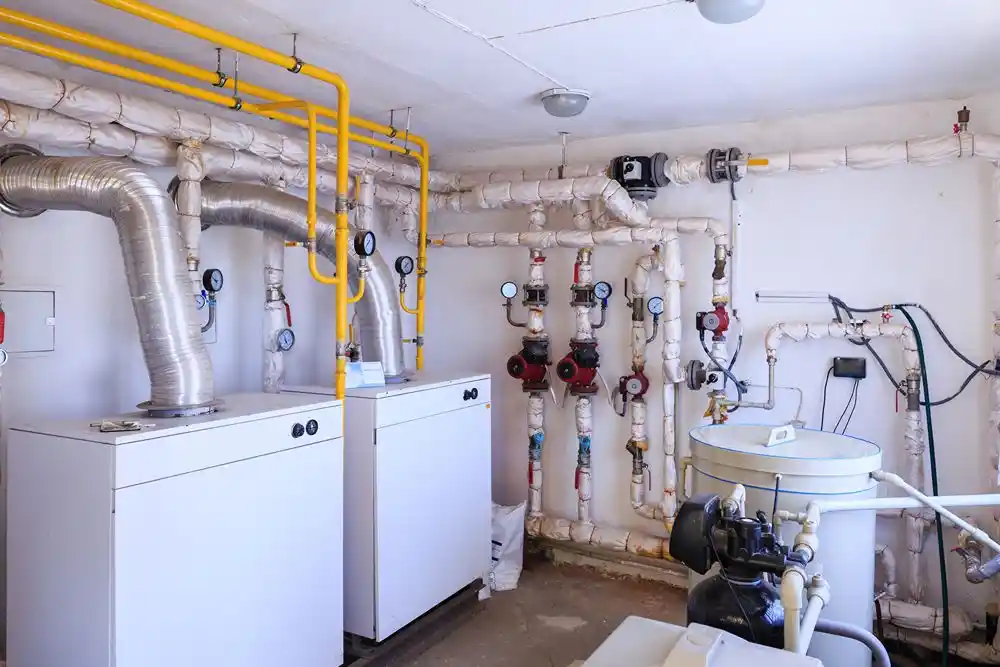 Bir kazan dairesinde iki ısıtma kazanı, sarı gaz boruları, yalıtımlı borular, vanalar ve basınç göstergeleri