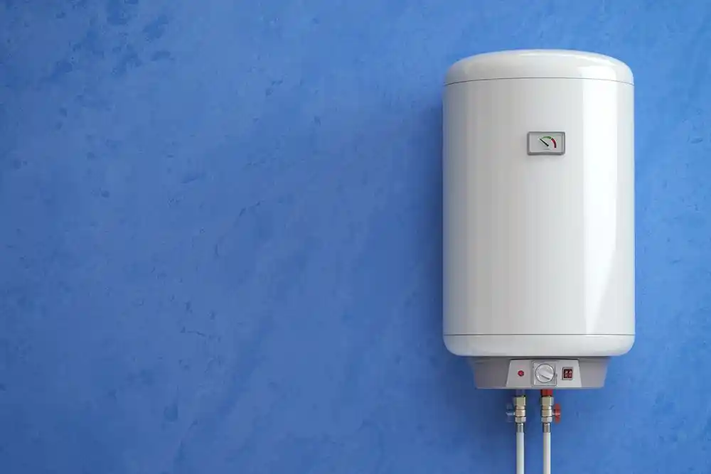 Mavi duvara monte edilmiş beyaz elektrikli termosifon