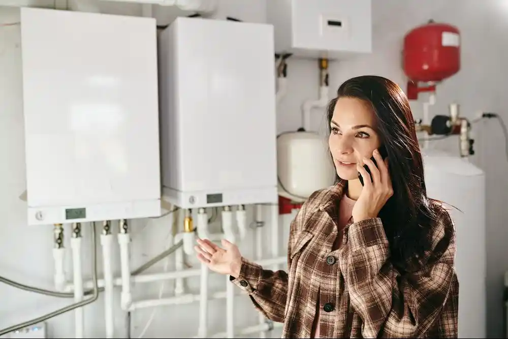 Telefonla konuşan bir kadın, duvara monte edilmiş ısıtma kazanlarını gösteriyor