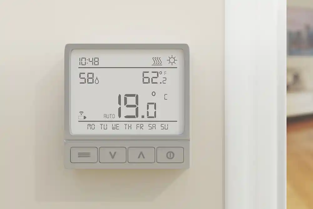Duvara monte termostat, otomatik modda 19,0 °C sıcaklık, nem ve 10:48 saatini gösteriyor