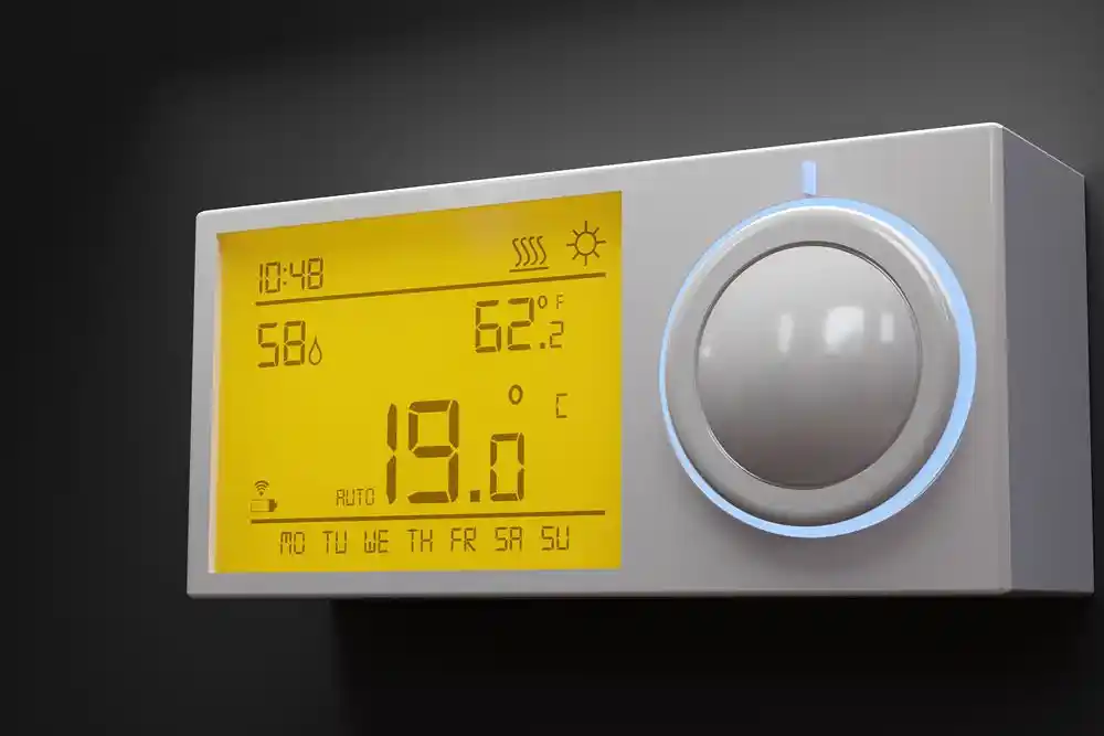 Dijital termostat ekranında saat 10:48, iç sıcaklık 19,0 °C ve dış sıcaklık 62,2 °F gösteriliyor