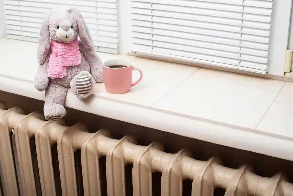 Pembe atkılı pelüş tavşan ve yanında pembe fincanda kahve, pencere kenarındaki kaloriferin üzerinde duruyor