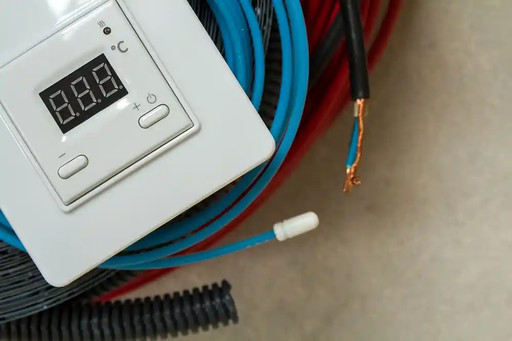 Dijital sıcaklık göstergeli termostat ve yanında ucu soyulmuş elektrik kabloları