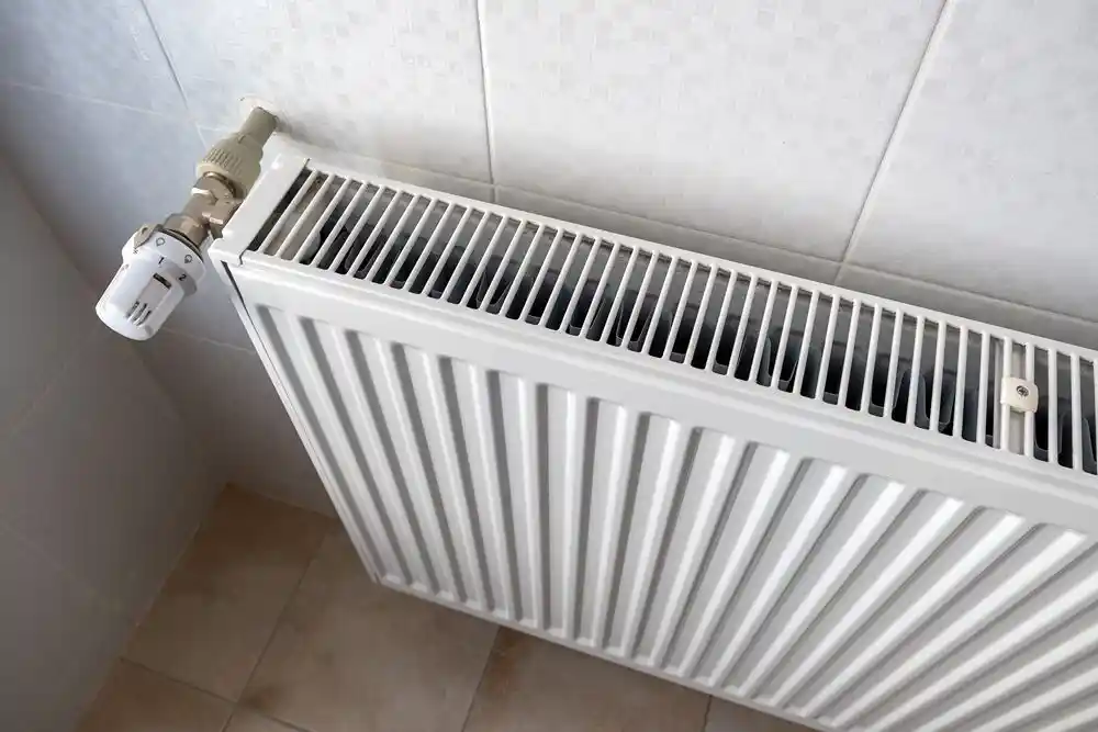 Beyaz panel radyatör ve sol tarafında termostatik vana görülüyor